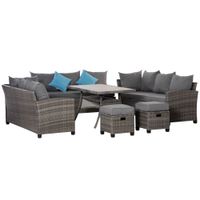 6-teilige Polyrattan Sofagarnitur für Garten und Terrasse inkl. Kissen wetterbeständig Beistelltisch Loungemöbel Braun+Khaki+Blau