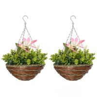 2 Künstliche Pflanzen Hängepflanze Clematis im Topf mit Haken Deko PE Rosa+Grün 30 x 30 x 32 cm