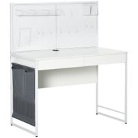 Computertisch Schreibtisch mit 2 Schubladen Notizgitter Stofftasche mit Gitterwand Haken Arbeitstisch Bürotisch Laptop Stahl Spanplatte Weiß+Grau 110 x 58,5 x 127 cm
