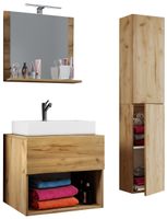 4-tlg. Waschplatz "Lendas II" 60 cm inkl. Spiegel & Hochschrank Honig-Eiche