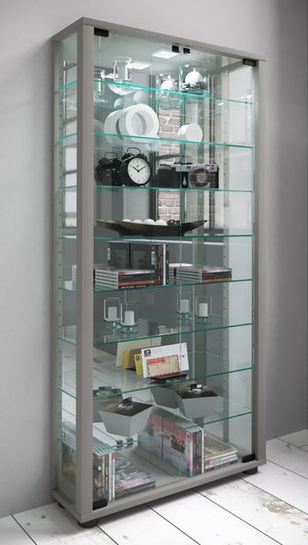 Standvitrine "Lumo Maxi" mit Spiegel | Inkl. LED-Beleuchtung Silber
