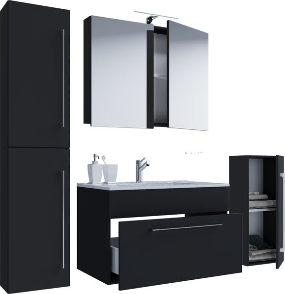 5-tlg. Waschplatz "Badinos 1 Schubfach" 60 cm | Mit Spiegelschrank + Midi-/Hochschrank Schwarz