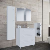 5-tlg. Stand-Waschplatz "Badinos 3 Schubfächer" 80 cm | Mit Spiegelschrank + Midi-/Hochschrank Weiß