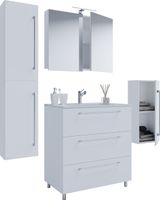 5-tlg. Stand-Waschplatz "Badinos 3 Schubfächer" 60 cm | Mit Spiegelschrank + Midi-/Hochschrank Weiß