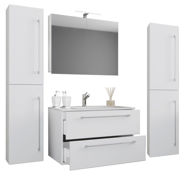5-tlg. Waschplatz "Badinos 2 Schubfächer" 80 cm | Mit Spiegelschrank + Hochschränke Weiß