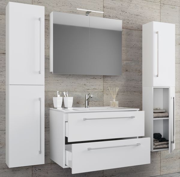 5-tlg. Waschplatz "Badinos 2 Schubfächer" 80 cm | Mit Spiegelschrank + Hochschränke Weiß
