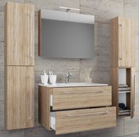 5-tlg. Waschplatz "Badinos 2 Schubfächer" 60 cm | Mit Spiegelschrank + Hochschränke Sonoma-Eiche