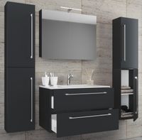 5-tlg. Waschplatz "Badinos 2 Schubfächer" 60 cm | Mit Spiegelschrank + Hochschränke Schwarz