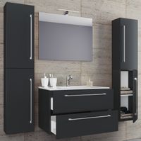 5-tlg. Waschplatz "Badinos 2 Schubfächer" 80 cm | Mit Spiegel + Hochschränke Schwarz
