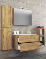 5-tlg. Waschplatz "Badinos 2 Schubfächer" Mit Spiegelschrank und Midi- / Hochschrank Honig-Eiche