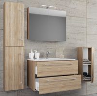 5-tlg. Waschplatz "Badinos 2 Schubfächer" Mit Spiegelschrank und Midi- / Hochschrank Sonoma-Eiche