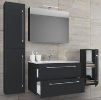 5-tlg. Waschplatz "Badinos 2 Schubfächer" 80 cm | Mit Spiegelschrank und Midi- / Hochschrank Schwarz