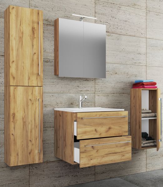 5-tlg. Waschplatz "Badinos 2 Schubfächer" Mit Spiegelschrank und Midi- / Hochschrank Honig-Eiche