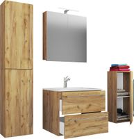 5-tlg. Waschplatz "Badinos 2 Schubfächer" 60 cm | Mit Spiegelschrank und Midi- / Hochschrank Honig-Eiche