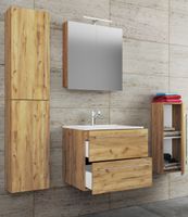 5-tlg. Waschplatz "Badinos 2 Schubfächer" Mit Spiegelschrank und Midi- / Hochschrank Honig-Eiche