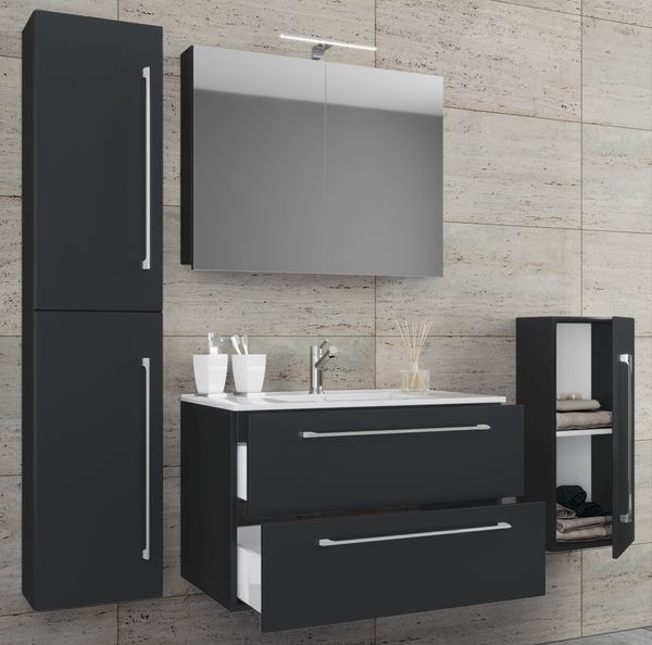 5-tlg. Waschplatz "Badinos 2 Schubfächer" 60 cm | Mit Spiegelschrank und Midi- / Hochschrank Schwarz