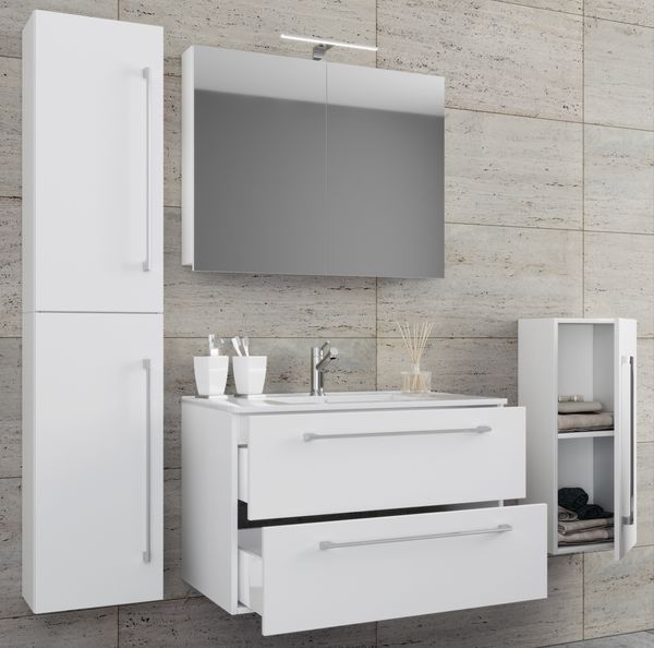 5-tlg. Waschplatz "Badinos 2 Schubfächer" 60 cm | Mit Spiegelschrank und Midi- / Hochschrank Weiß