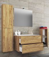 5-tlg. Waschplatz "Badinos 2 Schubfächer" 80 cm | Mit Spiegel und Midi- / Hochschrank Honig-Eiche