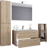 5-tlg. Waschplatz "Badinos 2 Schubfächer" 80 cm | Mit Spiegel und Midi- / Hochschrank Sonoma-Eiche