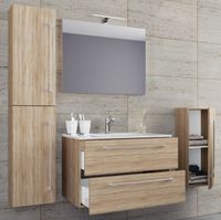 5-tlg. Waschplatz "Badinos 2 Schubfächer" 80 cm | Mit Spiegel und Midi- / Hochschrank Sonoma-Eiche