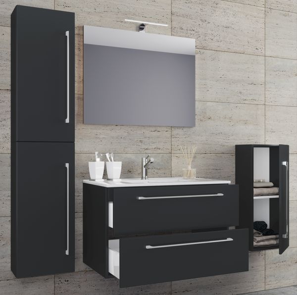 5-tlg. Waschplatz "Badinos 2 Schubfächer" 80 cm | Mit Spiegel und Midi- / Hochschrank Schwarz