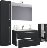 5-tlg. Waschplatz "Badinos 2 Schubfächer" 80 cm | Mit Spiegel und Midi- / Hochschrank Schwarz