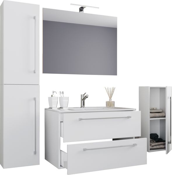 5-tlg. Waschplatz "Badinos 2 Schubfächer" 80 cm | Mit Spiegel und Midi- / Hochschrank Weiß