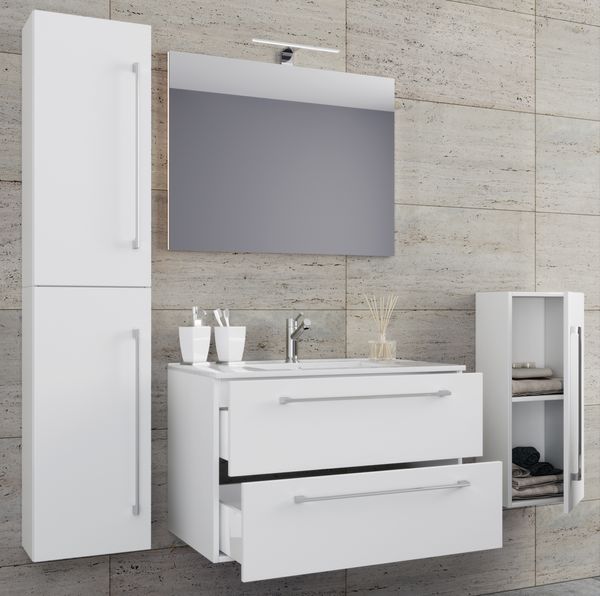 5-tlg. Waschplatz "Badinos 2 Schubfächer" 80 cm | Mit Spiegel und Midi- / Hochschrank Weiß