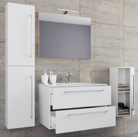 5-tlg. Waschplatz "Badinos 2 Schubfächer" 80 cm | Mit Spiegel und Midi- / Hochschrank Weiß