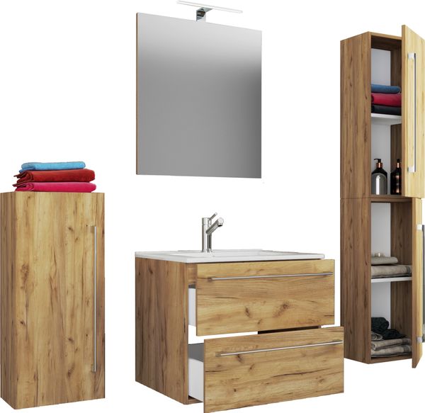 5-tlg. Waschplatz "Badinos 2 Schubfächer" 60 cm | Mit Spiegel und Midi- / Hochschrank Honig-Eiche