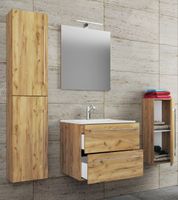 5-tlg. Waschplatz "Badinos 2 Schubfächer" 60 cm | Mit Spiegel und Midi- / Hochschrank Honig-Eiche