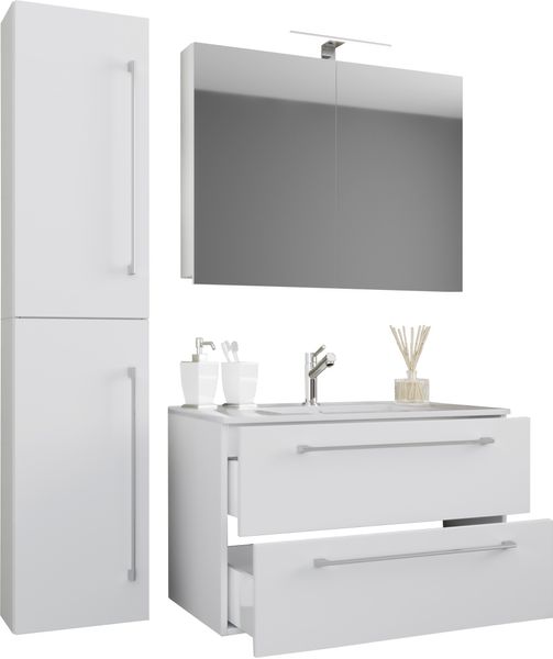 4-tlg. Waschplatz "Badinos 2 Schubfächer" 80 cm Spiegelschrank + Hochschrank Weiß