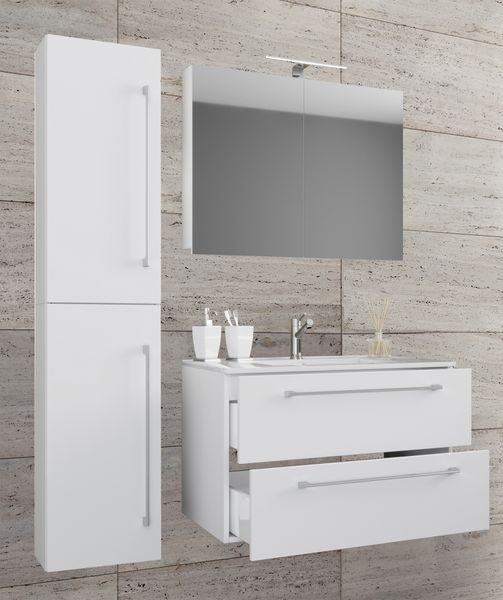 4-tlg. Waschplatz "Badinos 2 Schubfächer" 80 cm Spiegelschrank + Hochschrank Weiß