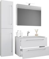 4-tlg. Waschplatz "Badinos 2 Schubfächer" 80 cm Spiegelschrank + Hochschrank Weiß