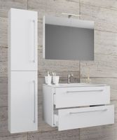 4-tlg. Waschplatz "Badinos 2 Schubfächer" 80 cm Spiegelschrank + Hochschrank Weiß