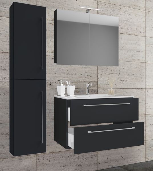 4-tlg. Waschplatz "Badinos 2 Schubfächer" 60 cm Spiegelschrank + Hochschrank Schwarz