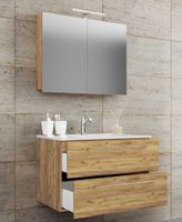 3-tlg. Waschplatz "Badinos 2 Schubfächer" 80cm | Mit Spiegelschrank Honig-Eiche