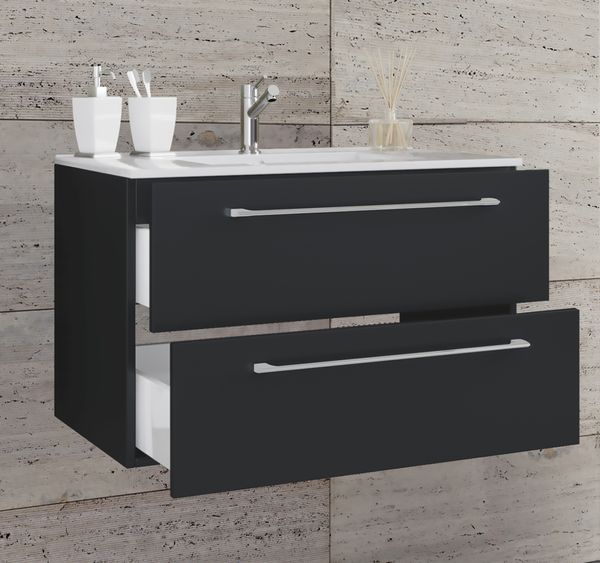 2-tlg. Badblock "Badinos 2 Schubfächer" 60cm Schwarz