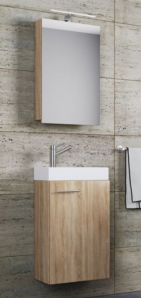 4-tlg. Gäste-Waschplatz "Slito" | Mit Spiegelschrank inkl. Beleuchtung Sonoma-Eiche