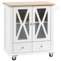 Küchenwagen Servierwagen Küchentrolley mit Rollen und Handtuchhalter Rollwagen im Landhausstil für Küche Esszimmer MDF Natur+Weiß 80 x 45 x 92 cm