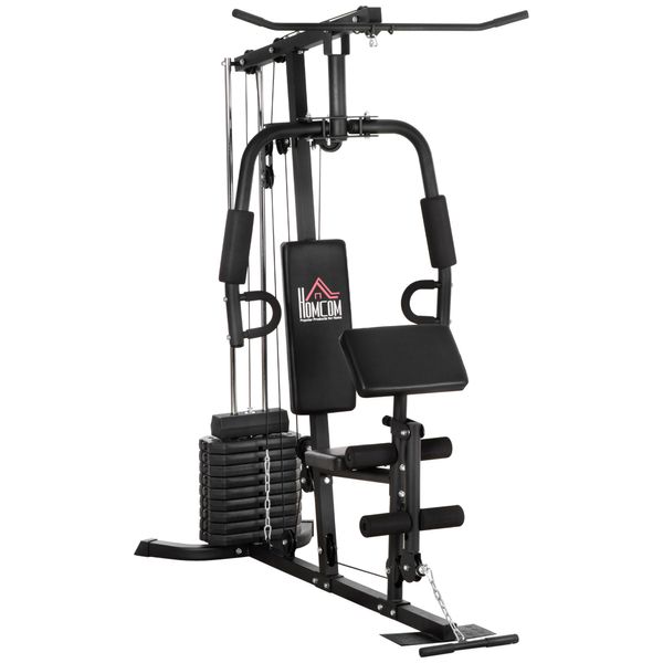 Kraftstation Fitnessstation mit Latzug- und Butterflystange Multi-Gym-Krafstation mit 45 kg Gewichte Multistation Set Krafttraining Stahl Kunstleder Schwarz 180 x 108 x 200cm