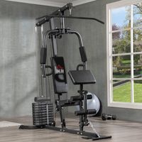 Kraftstation Fitnessstation mit Latzug- und Butterflystange Multi-Gym-Krafstation mit 45 kg Gewichte Multistation Set Krafttraining Stahl Kunstleder Schwarz 180 x 108 x 200cm