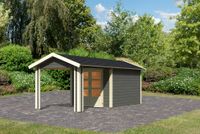 Gartenhaus "Gartenhaus Verino Y" SET terragrau mit Dachausbau, Schindeln, Boden, Dachrinne