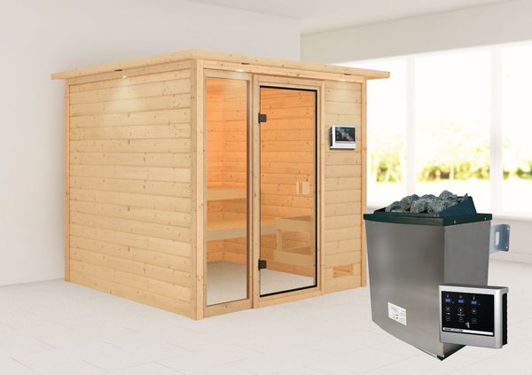 Sauna "Aachen" mit Kranz SET naturbelassen mit Ofen 9 kW ext. Strg.