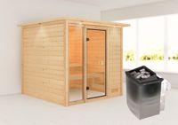 Sauna "Aachen" mit Kranz SET naturbelassen mit Ofen 9 kW integr. Strg.