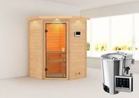 Sauna "Rysum" mit Kranz SET naturbelassen mit Ofen 3,6 kW Bio ext. Strg.