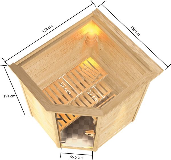 Sauna "Rysum" mit Kranz SET naturbelassen mit Ofen 3,6 kW ext. Strg.