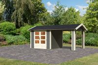 Gartenhaus "Gartenhaus Verino X" SET terragrau mit Dachausbau, Schindeln, Boden, Dachrinne
