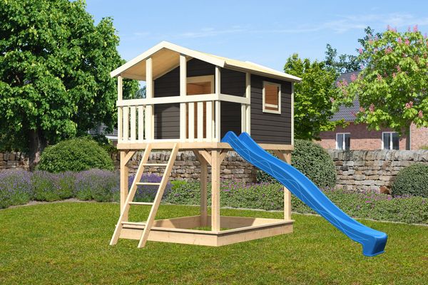 Stelzenhaus "Benjamin" SET AKTION2 terragrau mit Rutsche blau