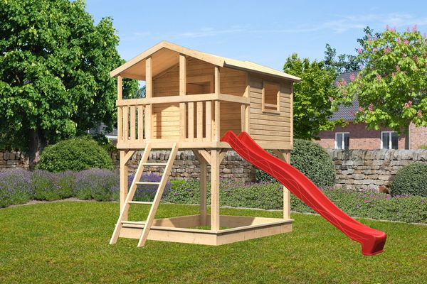 Stelzenhaus "Benjamin" SET AKTION2 naturbelassen mit Rutsche rot